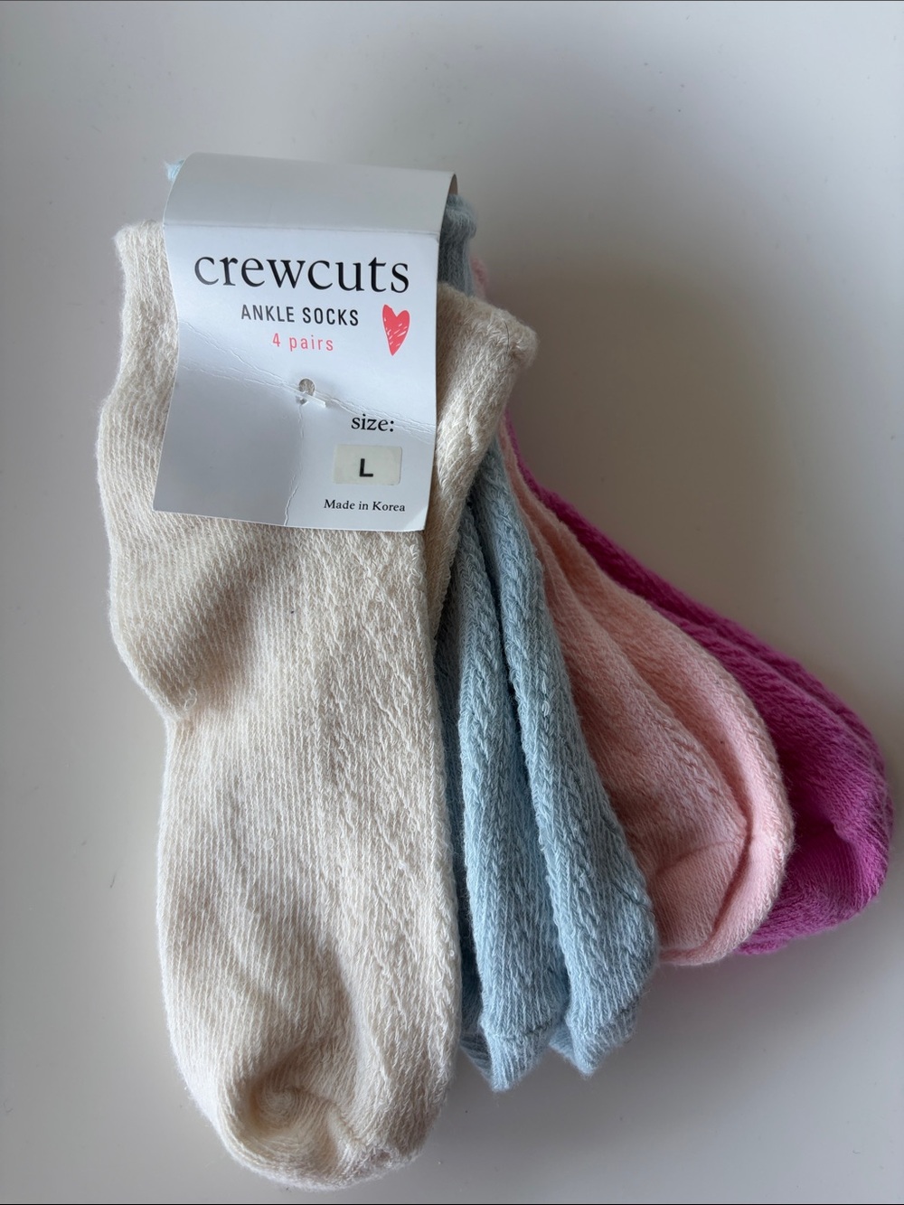 JCrew Crewcuts 4-Pack Ankle Socks in Cream, Light Blue, Pink & Magenta Size L